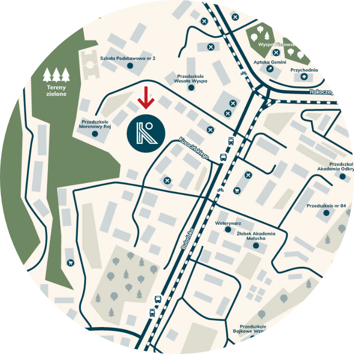 infografika pełniąca charakter bardzo ogólnej mapy topograficznej Osiedla Kusocińskiego